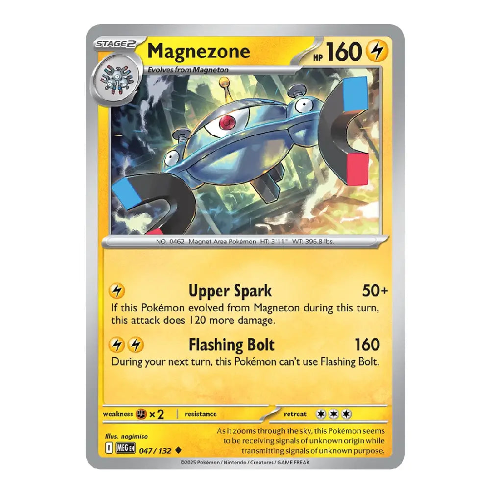 A single Pokémon trading card for Magnezone, shown flat against a plain white background. The card has a silver border, a yellow text area, and artwork of a blue magnet-like Pokémon in the center.