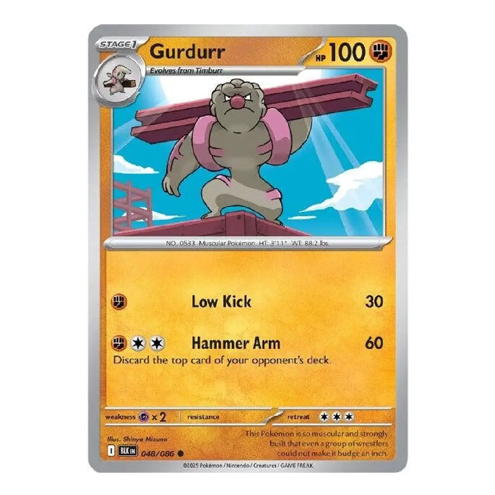 A single Pokémon trading card for Gurdurr, shown flat against a plain white background. The card has a silver border, an orange-yellow gradient lower half, and artwork of a gray creature carrying pink logs in the center.