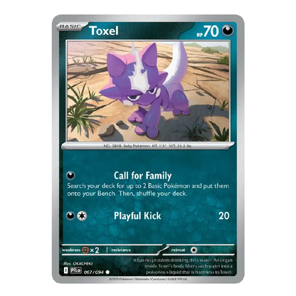 A single Pokémon trading card for Toxel from the Basic Set, shown against a plain white background. The card features a purple and white Toxel illustration, teal text boxes, and silver border accents.