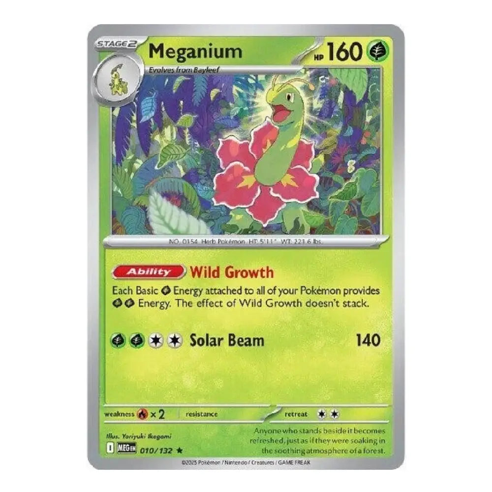 A single Pokémon trading card for Meganium from the 2010 TCG expansion, featuring artwork of a glowing green creature on a red flower against a dark jungle background. The card has a light green lower text area and a gray border.
