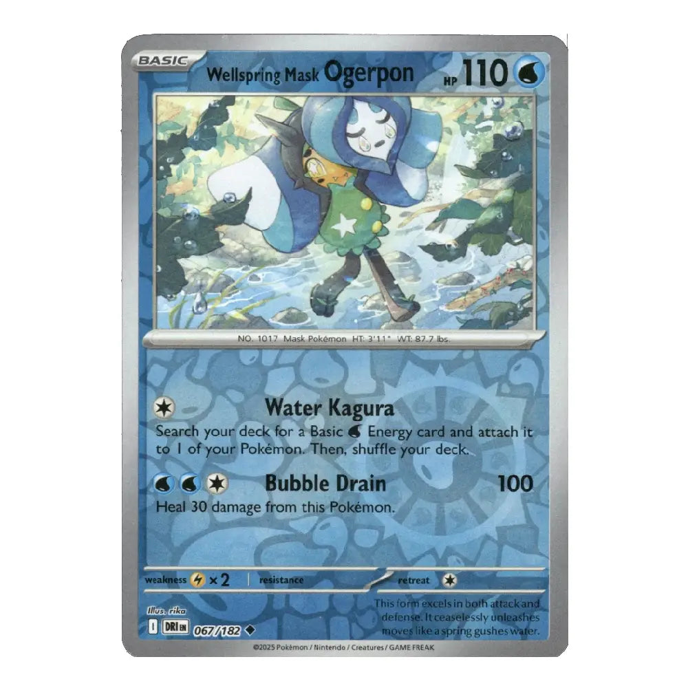 A single Pokémon trading card for Wellspring Mask Ogerpon from the Basic set, shown against a plain white background. The card features a blue and silver border with an illustration of a character in a forest and text detailing its water-based abilities.