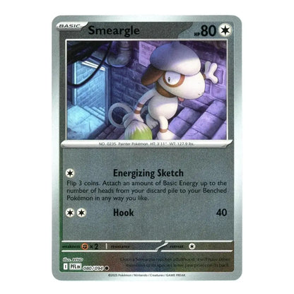 A single Pokémon trading card for Smeargle from the Basic set, shown against a plain white background. The card features Smeargle artwork in a blue-toned room and includes the text 'Energizing Sketch' and 'Hook 40'.