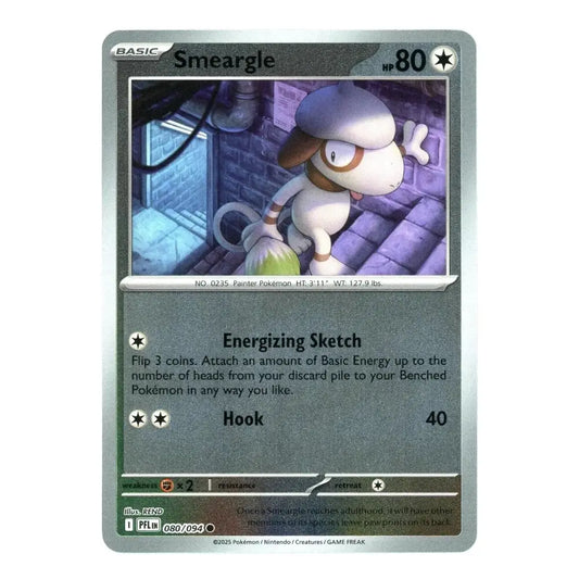 A single Pokémon trading card for Smeargle from the Basic set, shown against a plain white background. The card features Smeargle artwork in a blue-toned room and includes the text 'Energizing Sketch' and 'Hook 40'.