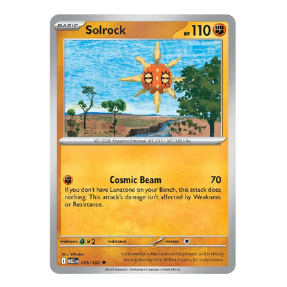 A single Pokémon trading card for Solrock, shown straight-on against a plain white background. The card has a silver border, an orange-to-yellow gradient lower half, and a central illustration of the sun character Solrock over a landscape.