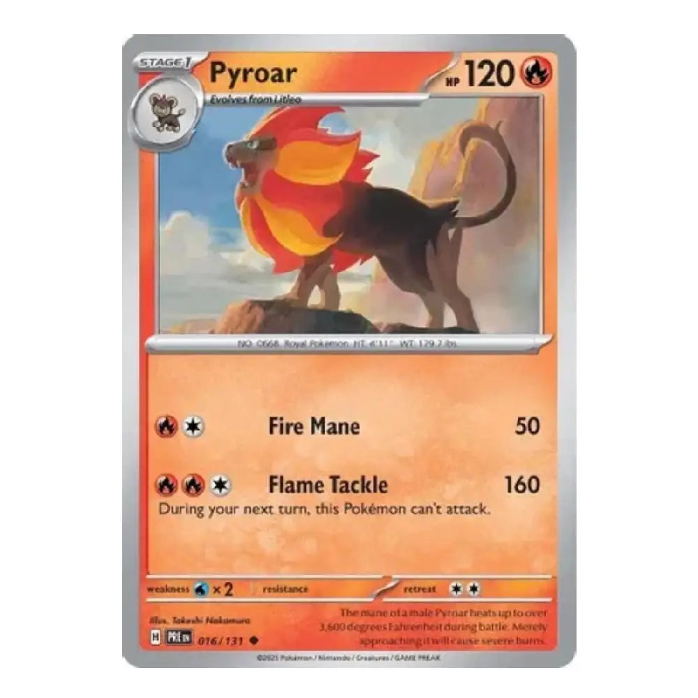 A single Pokémon trading card for Pyroar, shown flat against a plain white background. The card features an orange and beige layout with artwork of a fire lion and text for Fire Mane and Flame Tackle.