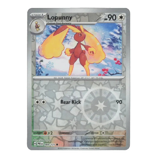 A single Pokémon trading card for Lopunny, shown flat against a plain white background. The card has a silver-gray border, a colorful illustration of Lopunny in the center, and game text including 'Rear Kick' and a level 90 stat.