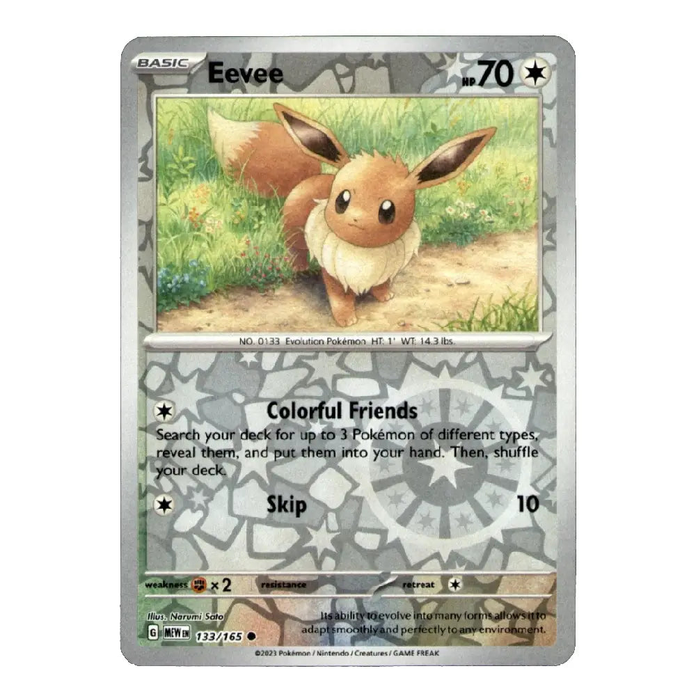 A single Pokémon trading card for Eevee from the Basic set, shown flat against a plain white background. The card features artwork of Eevee in a grassy field, with silver-gray border effects and printed stats and text.