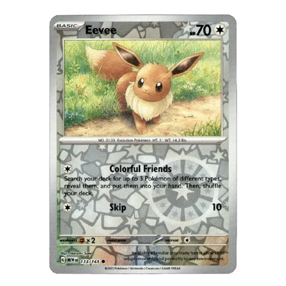 A single Pokémon trading card for Eevee from the Basic set, shown flat against a plain white background. The card features artwork of Eevee in a grassy field, with silver-gray border effects and printed stats and text.