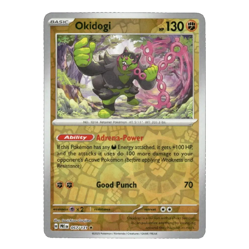 A single Pokémon trading card for Okidogi from the Basic Set, featuring artwork of a green and black creature with a pink chain, on a silver-bordered card with a white background.