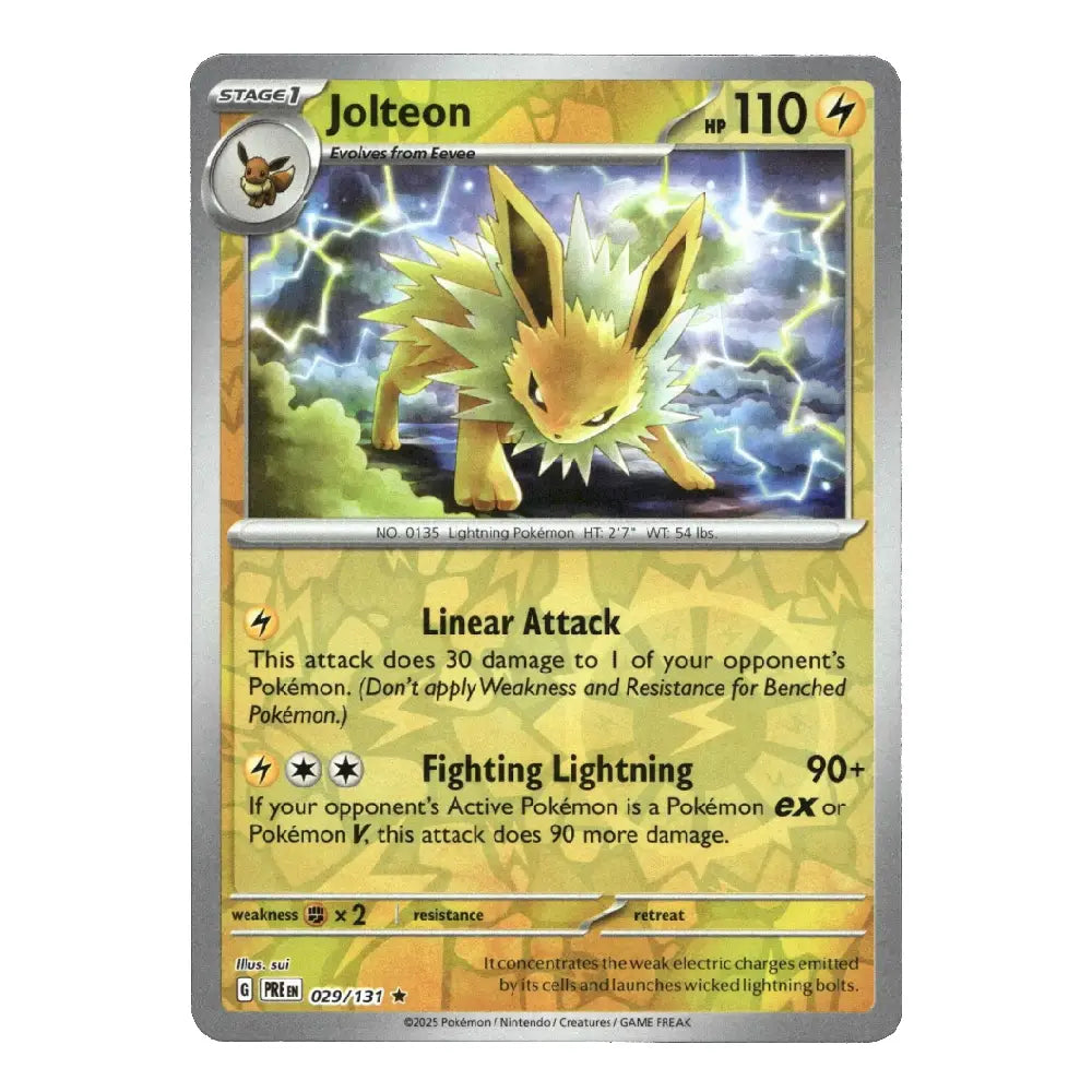 A single Pokémon trading card for Jolteon, shown against a plain white background. The card features artwork of a yellow electric bird with lightning effects, the name Jolteon, level 110, and attack text for Linear Attack and Fighting Lightning.