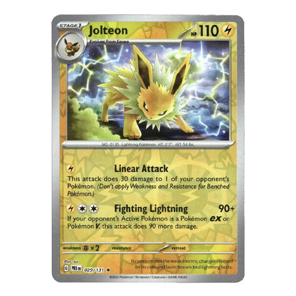 A single Pokémon trading card for Jolteon, shown against a plain white background. The card features artwork of a yellow electric bird with lightning effects, the name Jolteon, level 110, and attack text for Linear Attack and Fighting Lightning.