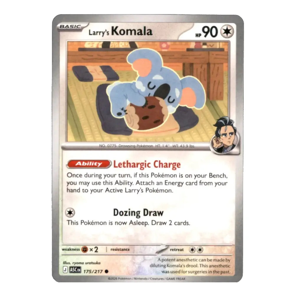 A single Pokémon trading card for Larry's Komala, shown against a plain white background. The card has a silver border, a red HP 90 display, and artwork depicting a blue koala being held down by a man.