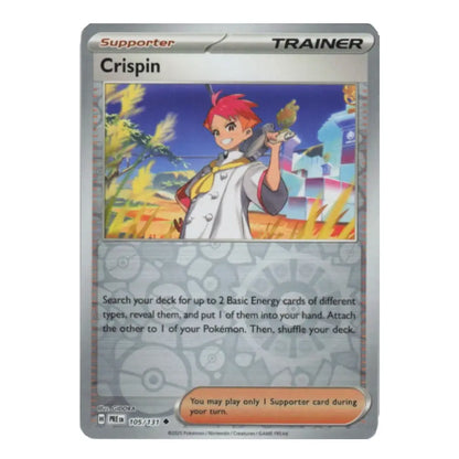 A single Pokémon TCG Crispin Supporter trading card shown against a plain white background. The card has a silver border, the Crispin name at the top, artwork of a red-haired character, and game text below.