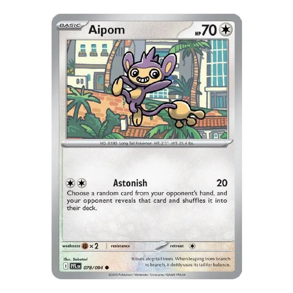 A single Pokémon trading card for Aipom from the Basic set, shown against a plain white background. The card features a silver border, the character artwork in the upper portion, and the 'Astonish' attack text in the lower portion.