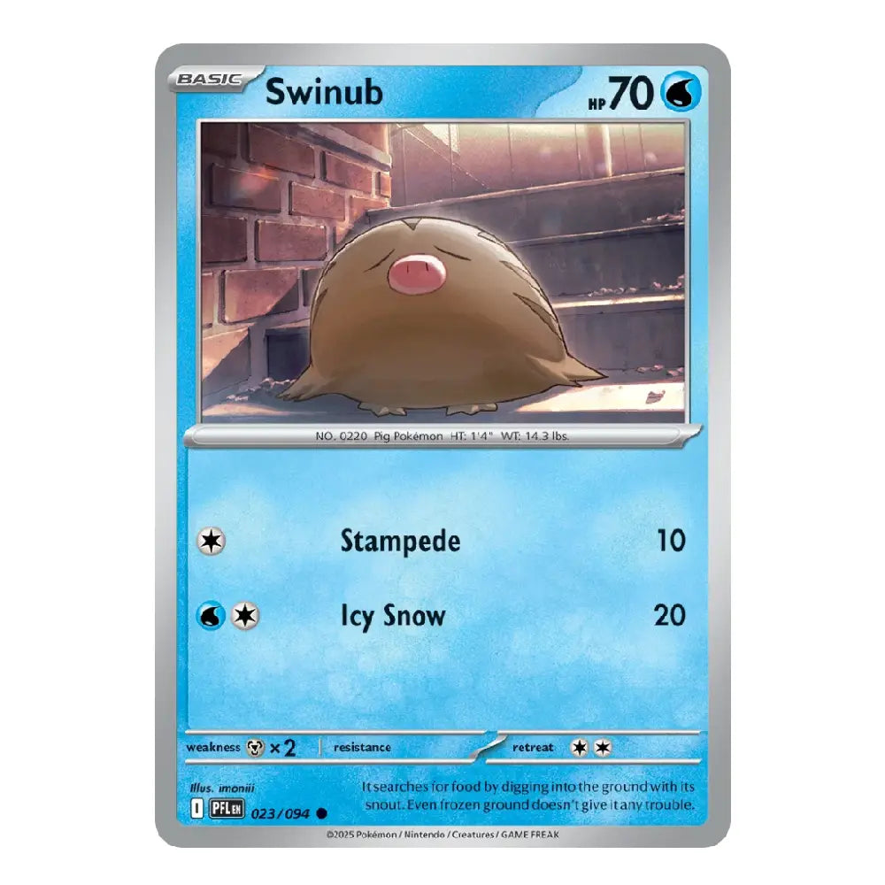 A single Pokémon trading card for Swinub from the Basic set, shown against a plain white background. The card features a silver border, a blue gradient background, and an illustration of the Pig Pokémon digging in a brick environment.