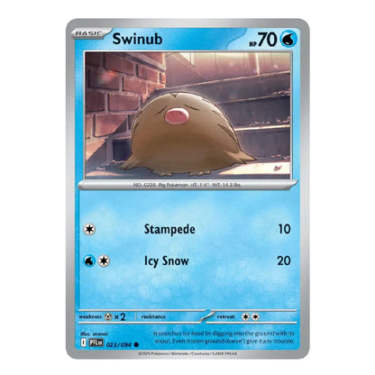A single Pokémon trading card for Swinub from the Basic set, shown against a plain white background. The card features a silver border, a blue gradient background, and an illustration of the Pig Pokémon digging in a brick environment.