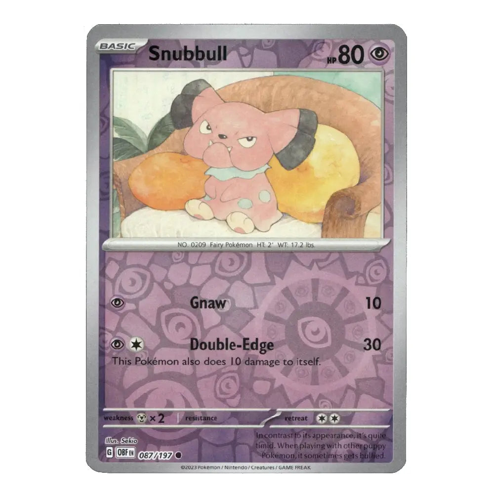 A single Snubbull Pokémon trading card from the XY Evolutions set, featuring a purple card frame with the character illustration in the center and attack text below.