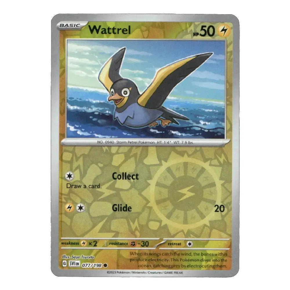 A single Pokémon trading card for Wattrel from the Basic set, shown against a plain white background. The card features Wattrel artwork in flight over blue water, with a gold-toned card face and silver border.