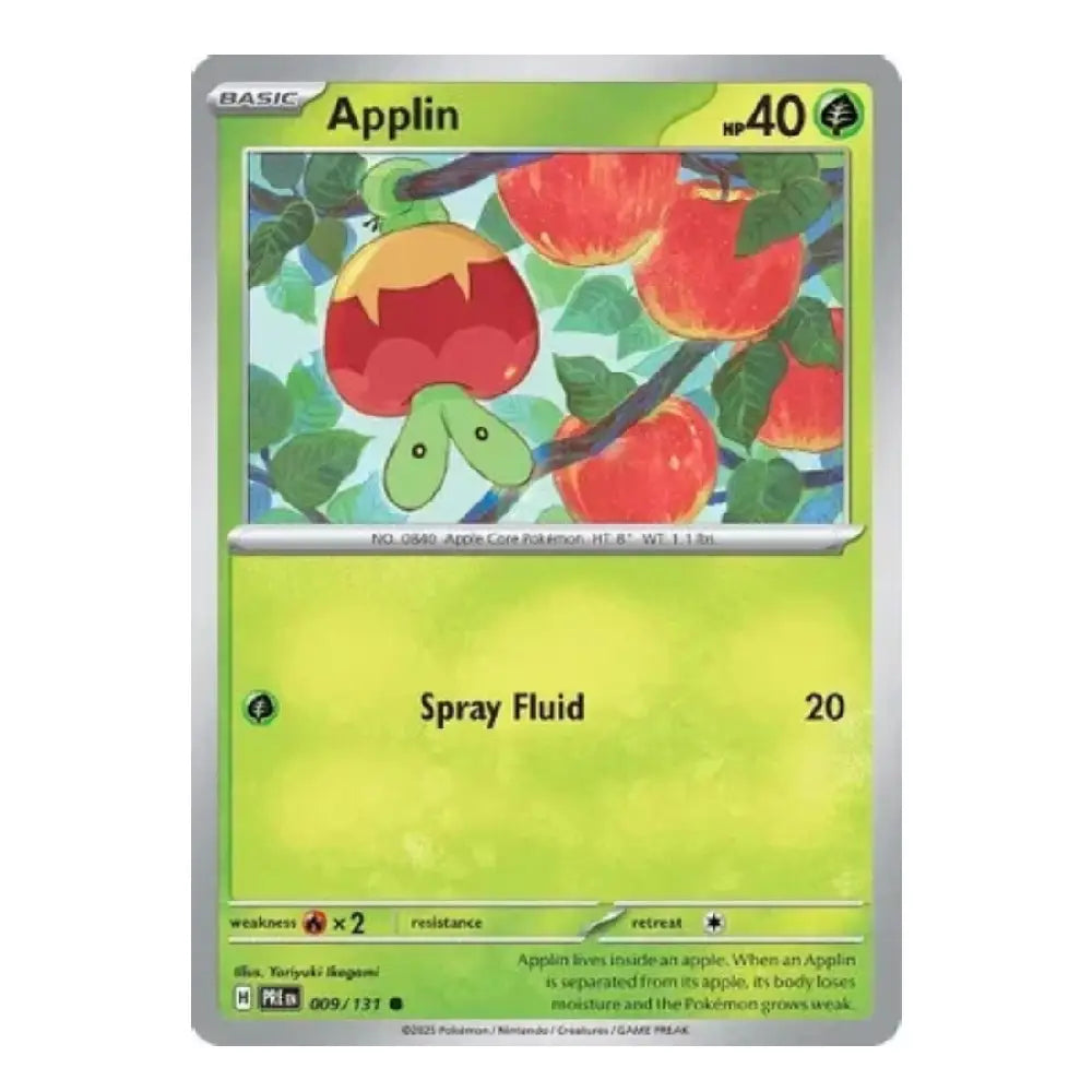 A single Pokémon trading card for Applin from the Basic set, featuring a green and yellow card face with an illustration of an apple blossom creature among red apples.