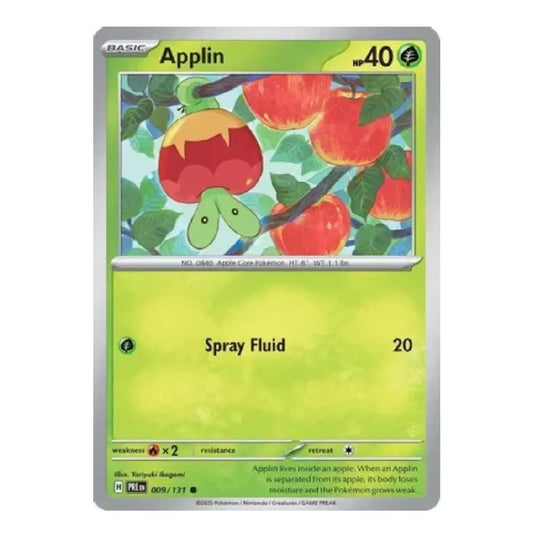 A single Pokémon trading card for Applin from the Basic set, featuring a green and yellow card face with an illustration of an apple blossom creature among red apples.