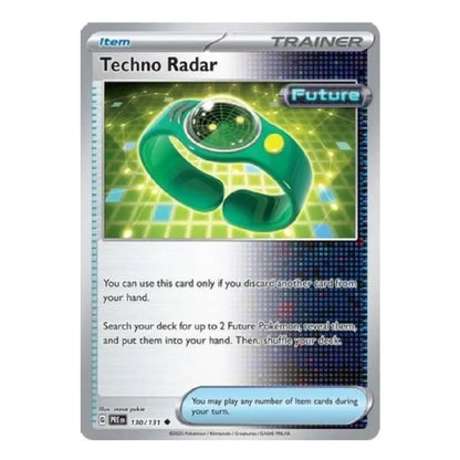 A single Pokémon trading card for 'Techno Radar' from the Future Evolving Skies expansion, featuring a green radar device on a silver and blue card design.