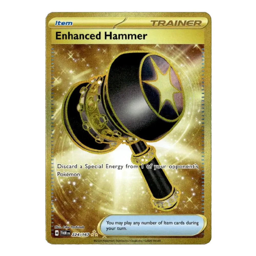 A single Pokémon trading card for the Enhanced Hammer item, shown against a plain white background. The card has a gold border and a golden sparkly illustration of a black and gold hammer with a star emblem.