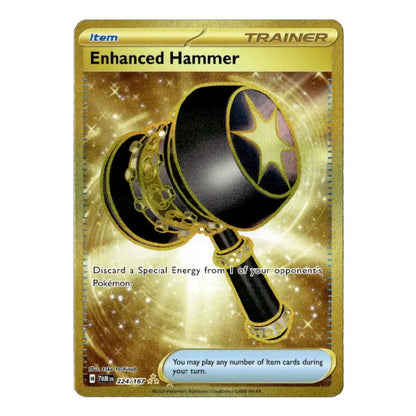 A single Pokémon trading card for the Enhanced Hammer item, shown against a plain white background. The card has a gold border and a golden sparkly illustration of a black and gold hammer with a star emblem.