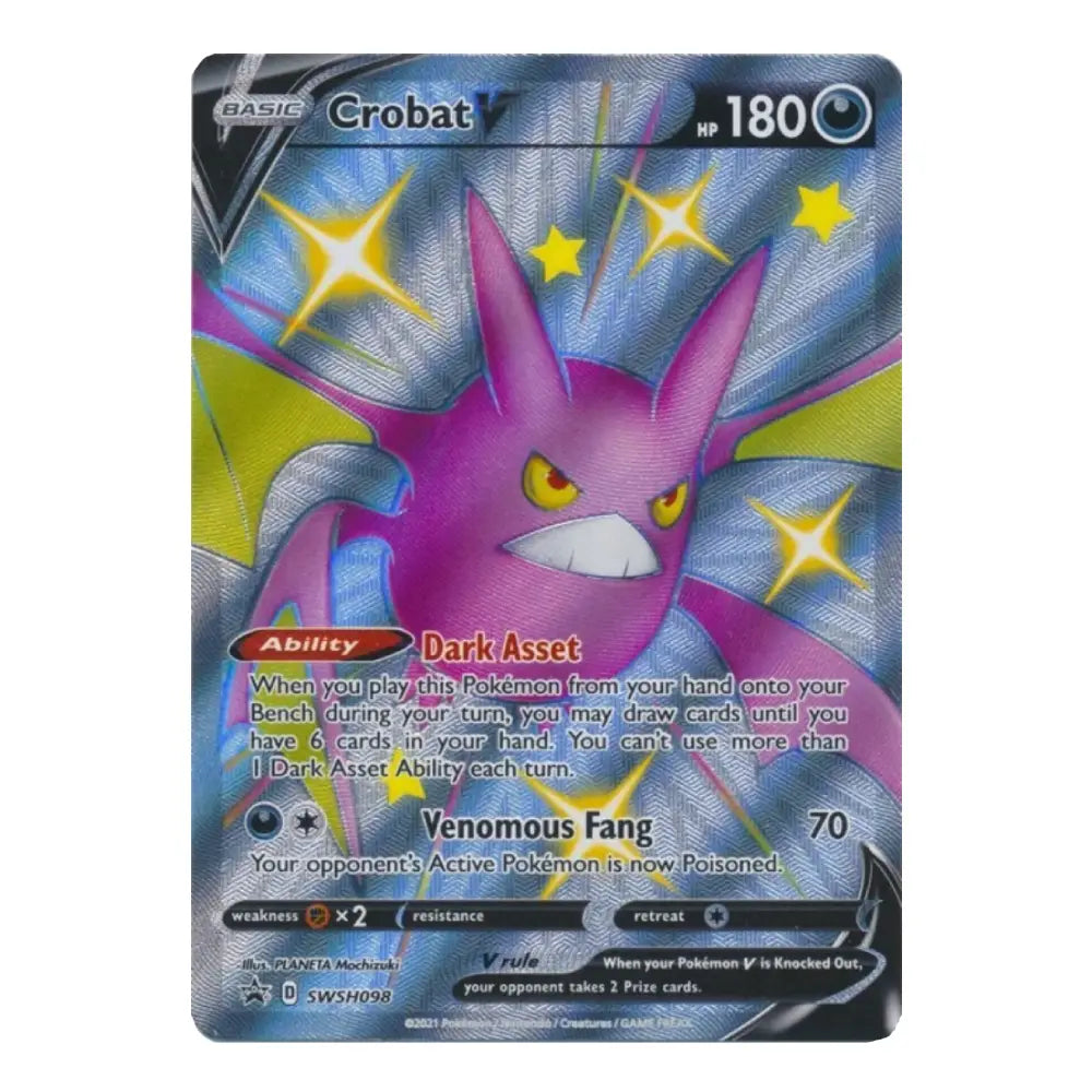A holographic Pokémon TCG card of the character Crobat from the Basic Set, featuring a purple and pink creature with yellow stars on a blue background.