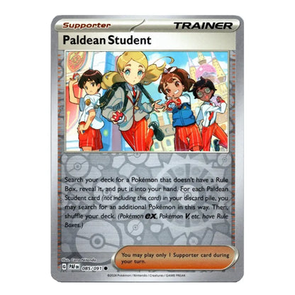 A single Pokémon trading card for the Paldean Student supporter trainer, featuring artwork of four students and card text on a silver card frame.