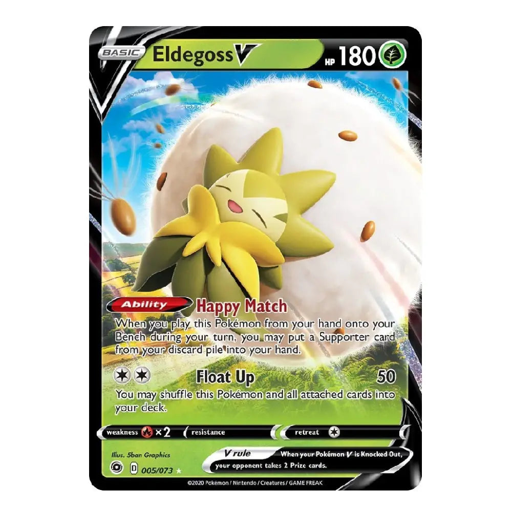 A single Pokémon trading card for Eldegoss V, shown against a plain white background. The card features artwork of the character floating in front of a large white egg, with green and yellow color blocking and black border graphics.