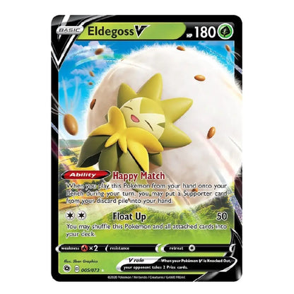 A single Pokémon trading card for Eldegoss V, shown against a plain white background. The card features artwork of the character floating in front of a large white egg, with green and yellow color blocking and black border graphics.