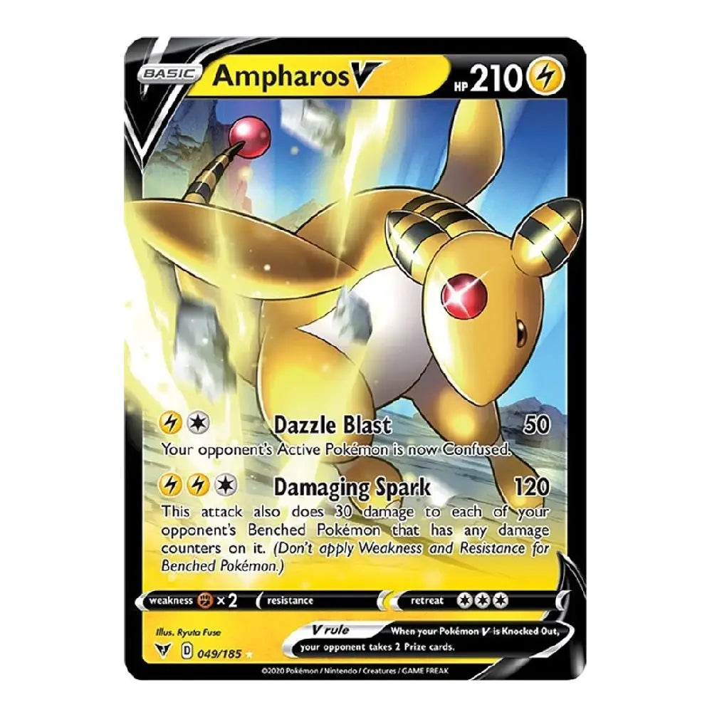 A single Pokémon trading card featuring Ampharos V, shown against a plain white background. The card has a black border with yellow and blue design elements and artwork of a yellow Ampharos with red eyes and a pink tail tip.