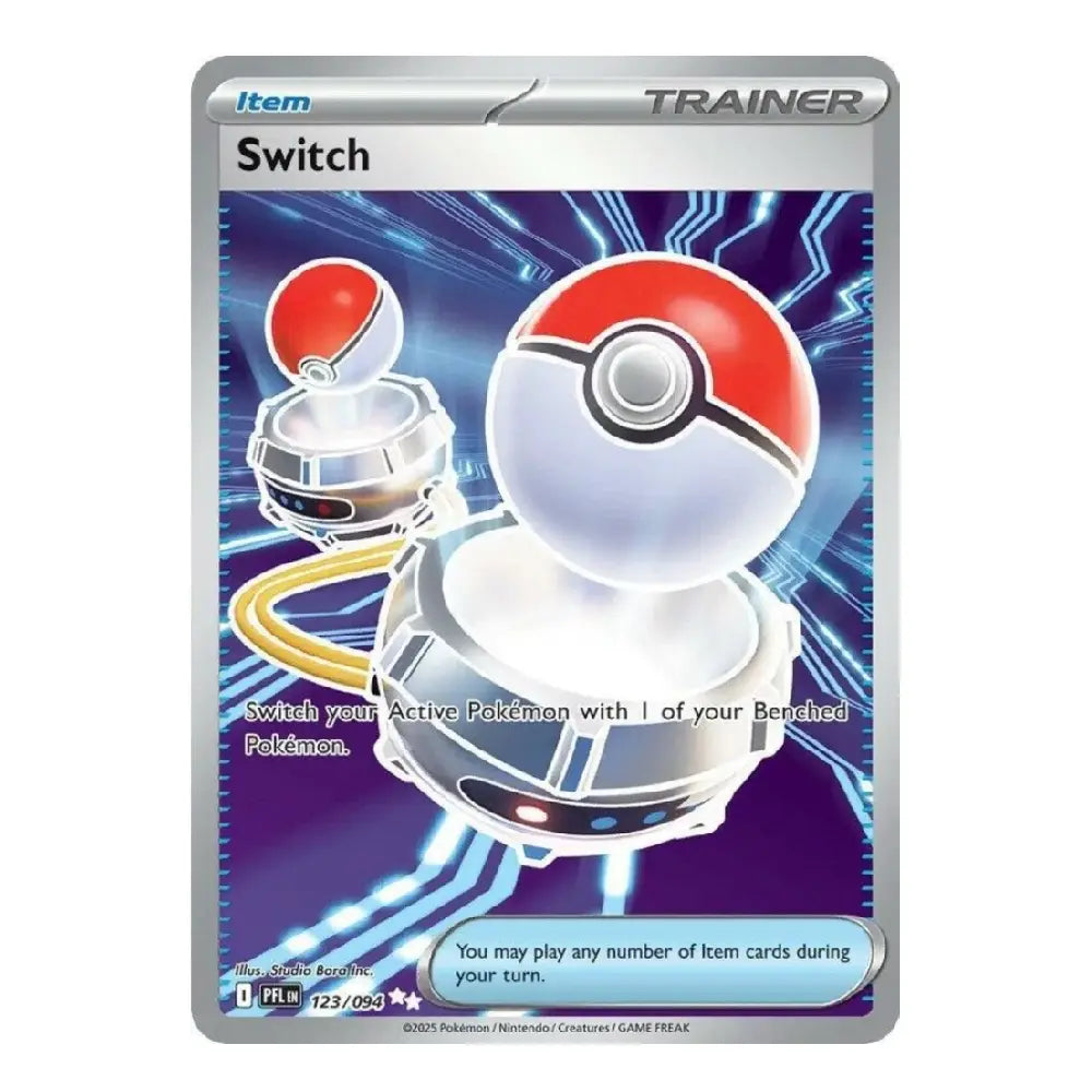 A single Pokémon trading card for the Item Trainer 'Switch' card, featuring artwork of two floating Poké Balls on a purple and blue circuit background.