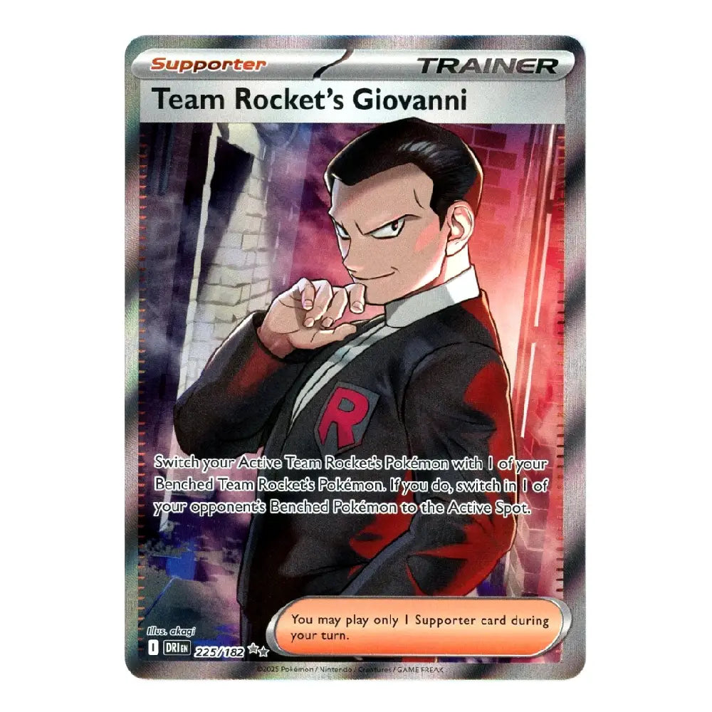 A holographic Pokémon trading card featuring Team Rocket's Giovanni, with a silver border and character artwork on a dark background.