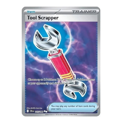 A Pokémon Trading Card Game card for the Tool Scrapper, featuring a silver wrench with a red handle against a purple and blue energy background.