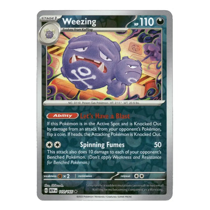 A single Pokémon trading card for Weezing, shown flat against a plain white background. The card features the purple Weezing illustration, game text, and Pokémon branding.