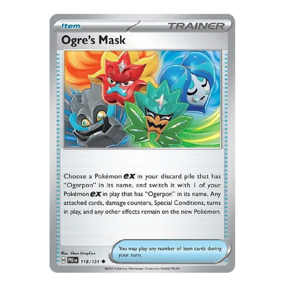 A Pokémon trading card for Ogre's Mask, a Level 11 Trainer item card from the Eevee expansion. The card features a silver border, a colorful illustration of four Eevee variants at the top, and rules text at the bottom on a white background.