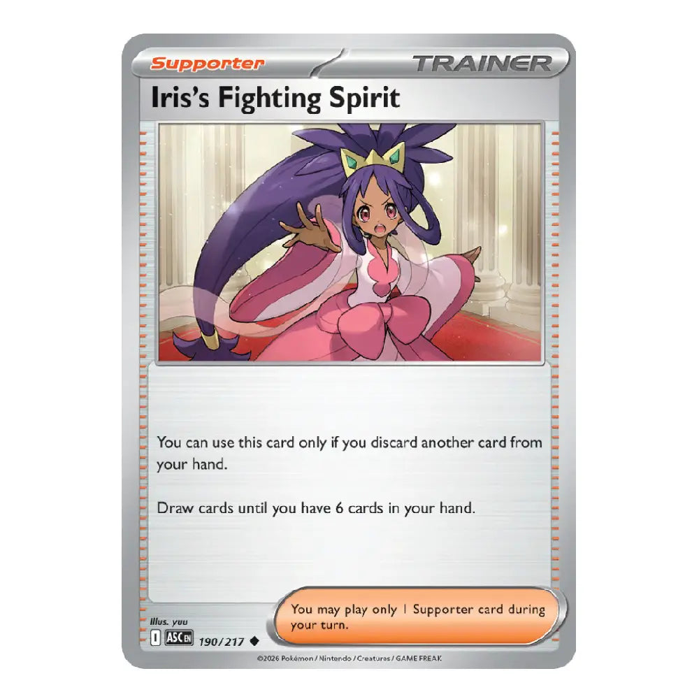 A single Pokémon trading card shown against a plain white background. The card is titled "Iris's Fighting Spirit" and is a Supporter Trainer card from the Arceus expansion, featuring artwork of the character Iris in a pink and purple outfit.