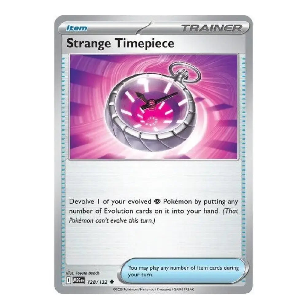 A single Pokémon trading card for the 'Strange Timepiece' item, featuring a silver border, a pink and purple illustration of a pocket watch, and card text below.