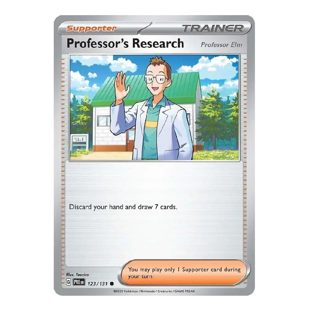 A Pokémon trading card titled "Professor's Research" from the Professor Elm expansion, featuring an illustrated character in a lab coat waving. The card has a silver border, a white background with gray text, and an orange Supporter label.