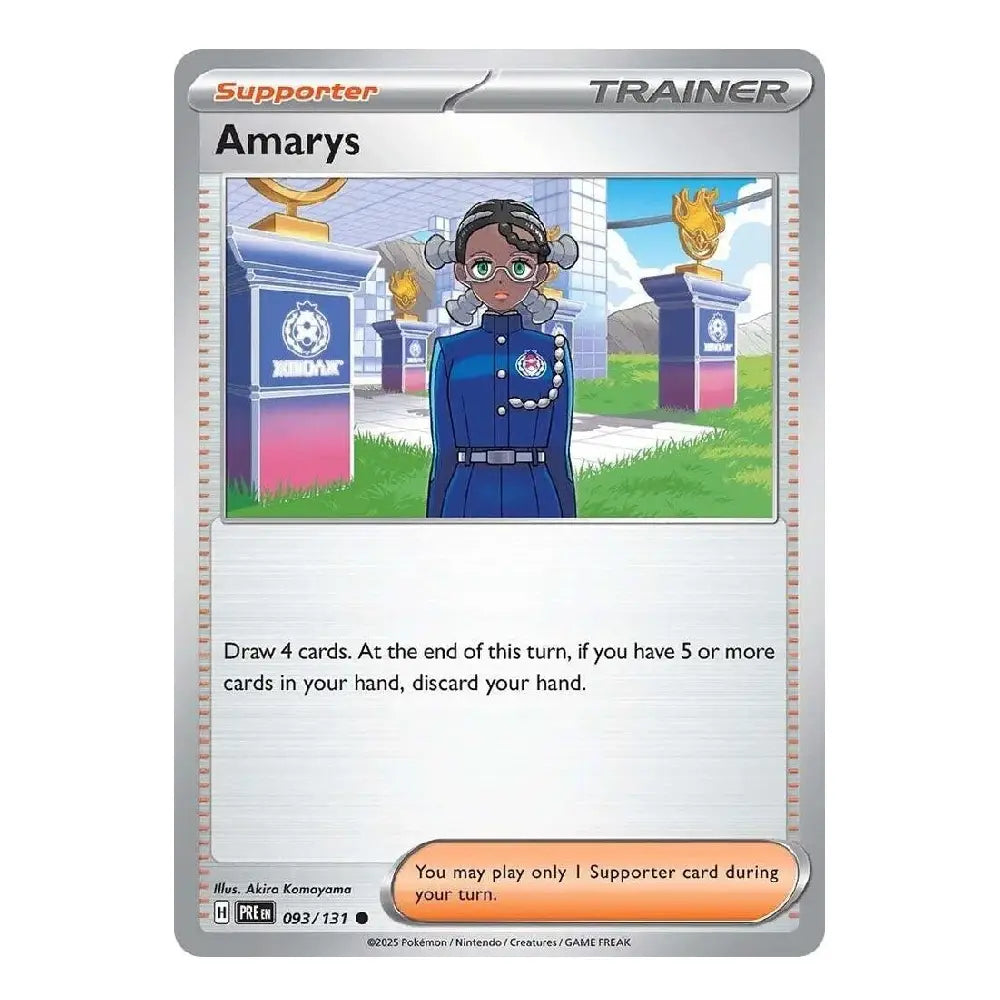 A Pokémon trading card featuring the character Amarys as a Supporter Trainer. The card has a silver border, with the character depicted in a blue uniform standing in front of a stadium with pink and blue barriers.