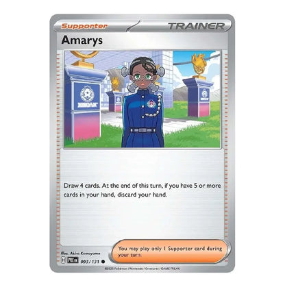 A Pokémon trading card featuring the character Amarys as a Supporter Trainer. The card has a silver border, with the character depicted in a blue uniform standing in front of a stadium with pink and blue barriers.