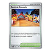 A Pokémon TCG Stadium Trainer card titled 'Festival Grounds' with a silver border, a colorful night fair scene in the center, and rules text below on a plain light background.