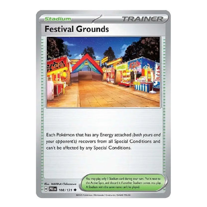 A Pokémon TCG Stadium Trainer card titled 'Festival Grounds' with a silver border, a colorful night fair scene in the center, and rules text below on a plain light background.