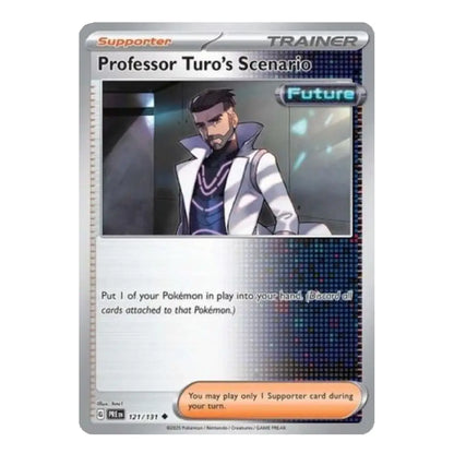 A single Pokémon trading card titled "Professor Turo's Scenario" shown on a plain white background. The card has a silver border, a character illustration of Professor Turo in a white and blue outfit, and trading card text and effect boxes.