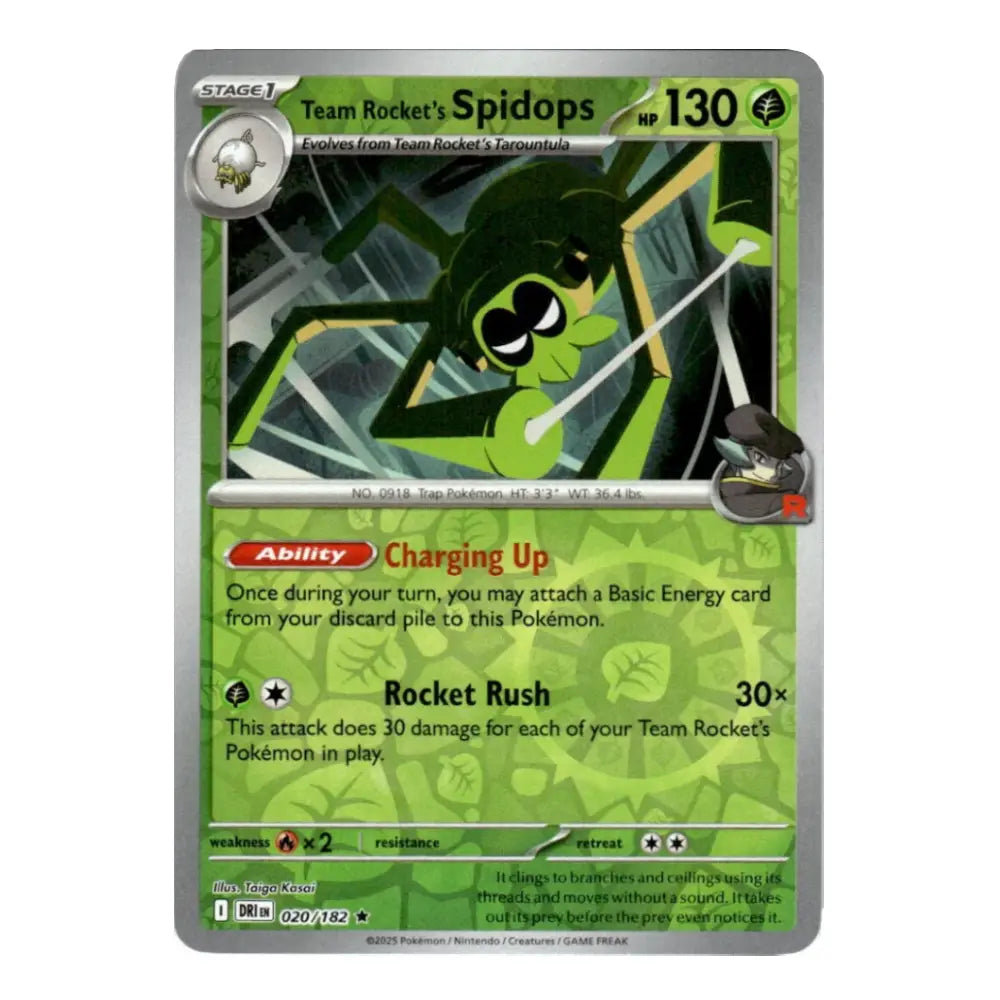 A single Pokémon trading card for Team Rocket's Spidops, shown against a plain white background. The card features green artwork of the spider-like Pokémon, with silver border accents and printed game text including 'Stage 1', 'Team Rocket's Spidops', and '130'.