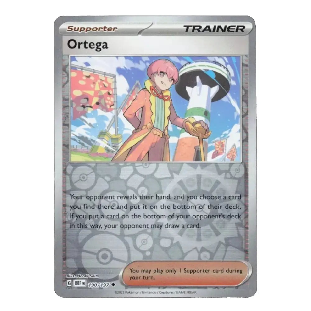 A Pokémon TCG Orthega Supporter card from the Fates of the First Edition set, featuring artwork of a character with pink hair and a colorful outfit.