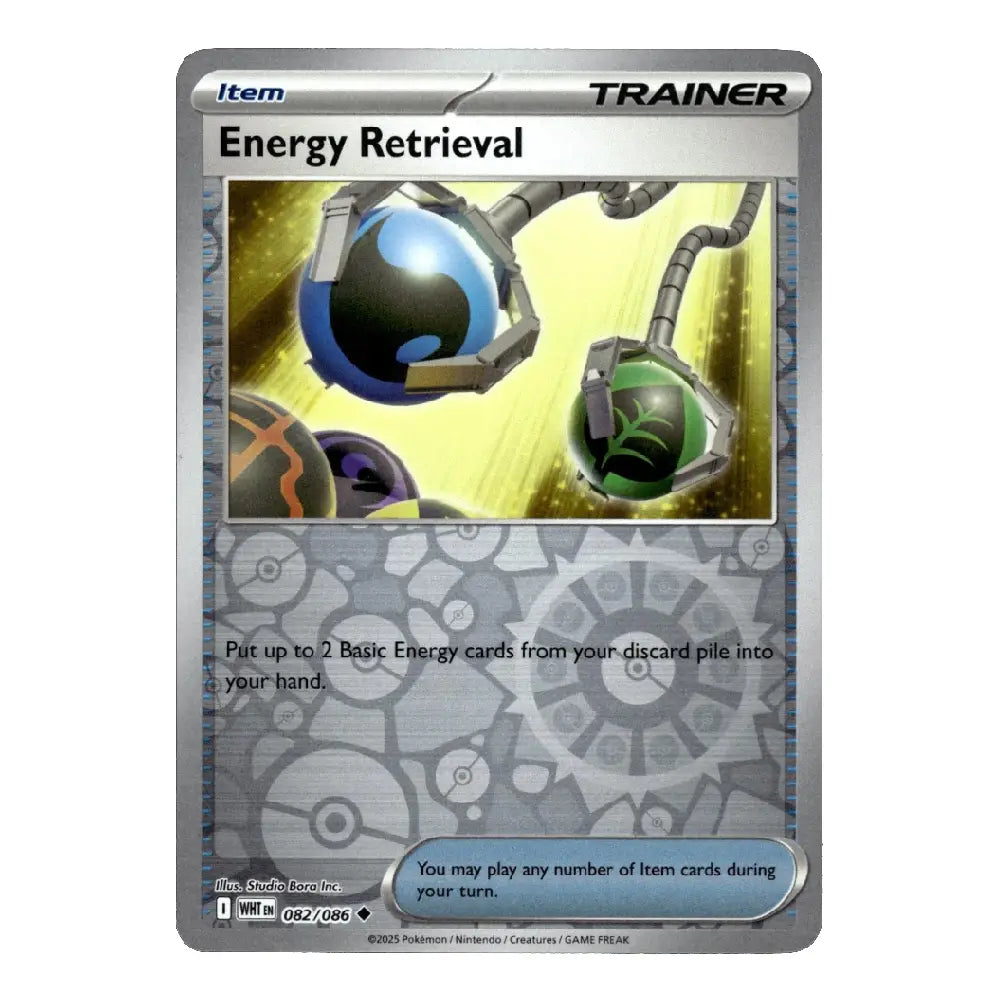 A single Pokémon trading card titled "Energy Retrieval" with a metallic silver border and colorful sci-fi artwork showing blue and green energy spheres on a yellow background.