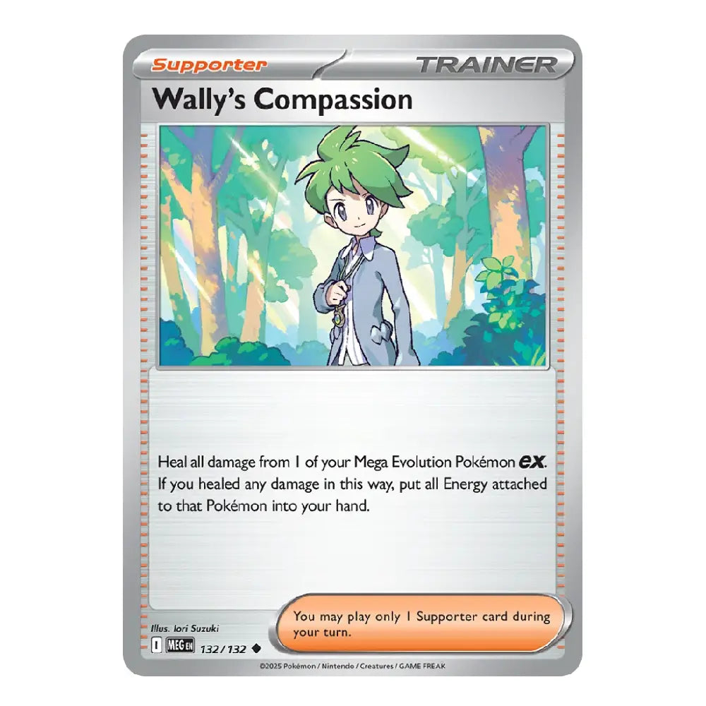 A Pokémon trading card for Wally's Compassion from the 2024 TCG Expansion Set, featuring a silver border, green-haired character illustration, and rules text on a white background.