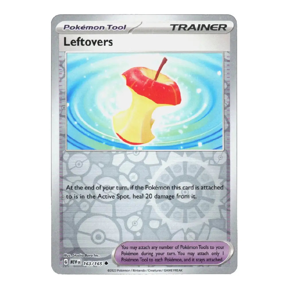 A single Pokémon trading card titled "Leftovers" from the Tool series, featuring a red apple core floating in blue water on a silver card face with printed rules text and a purple attachment box.